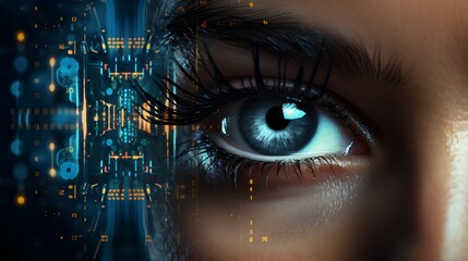 Close-up of Eyes and Glasses with Tech Reflection, Cyber Security Concept. Generative AI