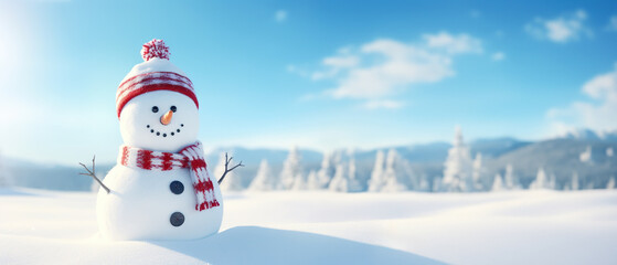 Cute snowman with a snowy winter landscape in the background. - obrazy, fototapety, plakaty