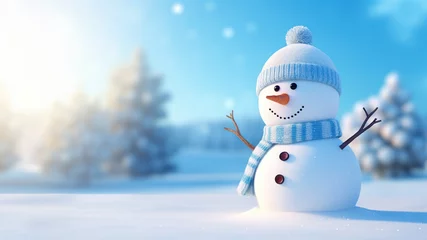 Gordijnen Cute snowman with a snowy winter landscape in the background. © angelo sarnacchiaro