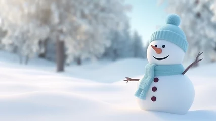 Foto op Plexiglas Cute snowman with a snowy winter landscape in the background. © angelo sarnacchiaro
