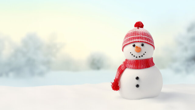 Cute snowman with a snowy winter landscape in the background.