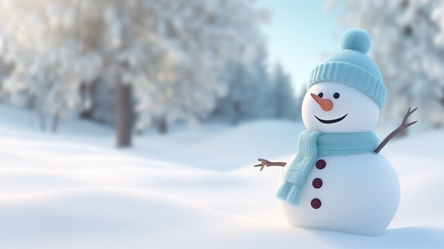 Cute snowman with a snowy winter landscape in the background.