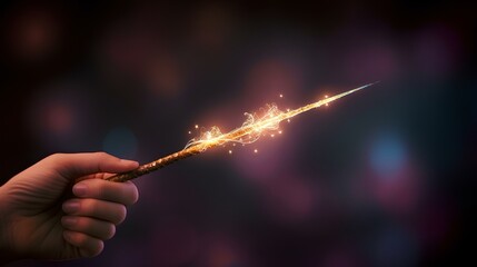 A magic wand in his hand shining with a mysterious magical light. Illustration of fantasy.