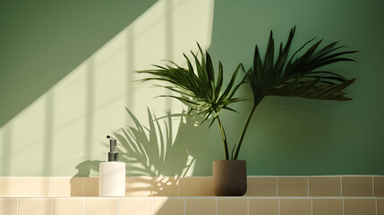modern bathroom design with shampoo bottle and green indoor plant with sun shine. green concept. generative ai.  - obrazy, fototapety, plakaty