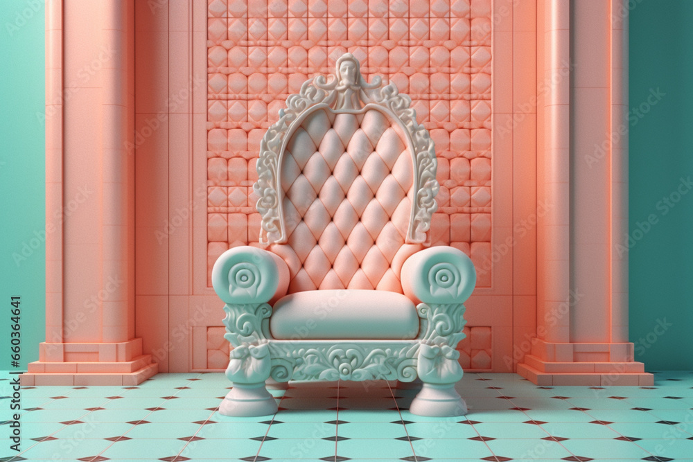 Fototapete A pastel-colored geometric-style throne with clean lines and soft geometric patterns, creating a harmonious and regal ambiance.  