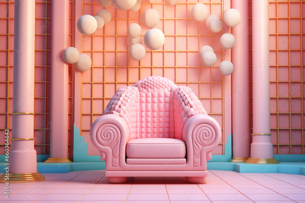 Poster a pastel-colored geometric-style throne with clean lines and soft geometric patterns, creating a har