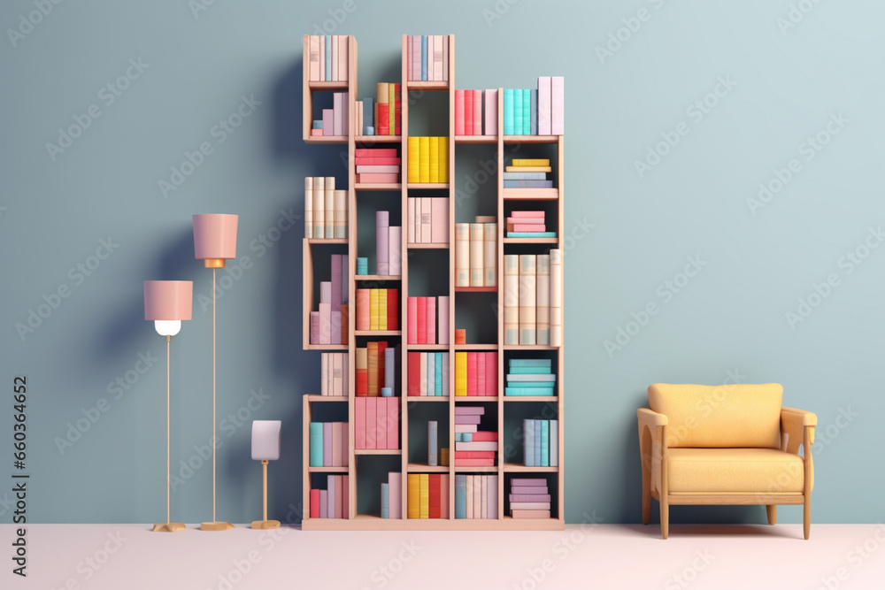 Poster a pastel-colored geometric-style column bookshelf with geometric compartments and pastel accents, co