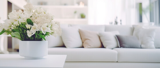 close up of a modern living room with sofa and flowers, 