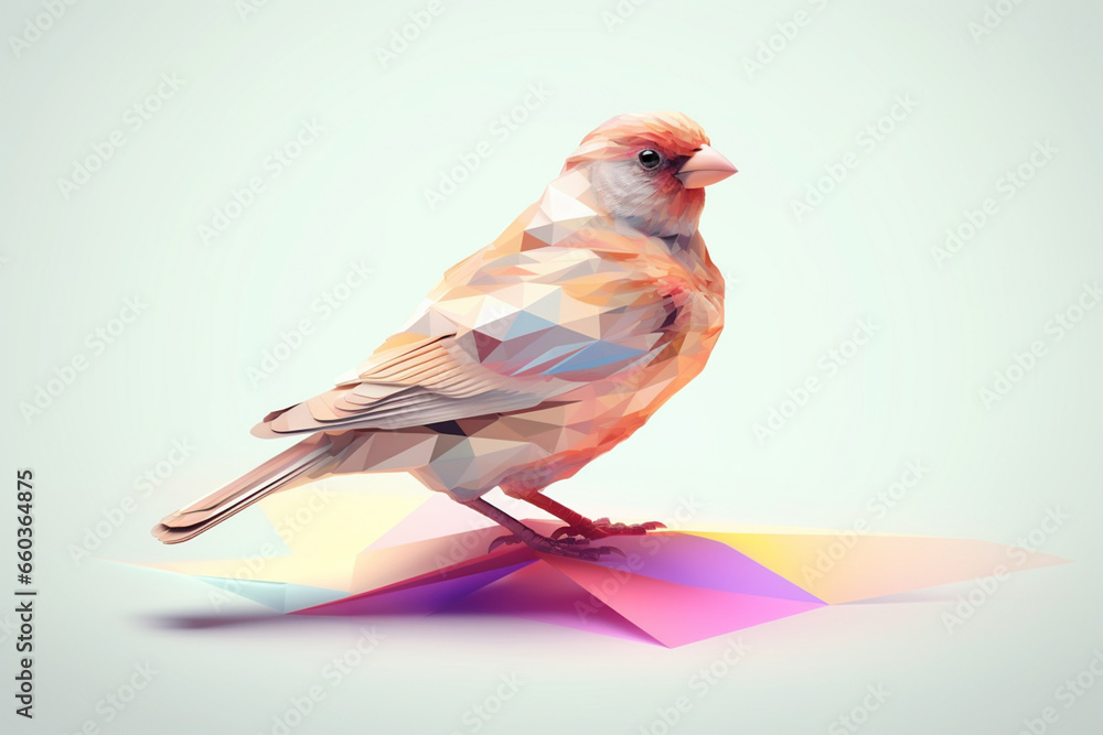 Poster a pastel-colored geometric-themed sparrow illustration with angular shapes and delicate pastel shade