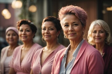 Fototapeta premium Empowering women to fight against breast cancer, a united group wearing pink in support of the breast cancer campaign.