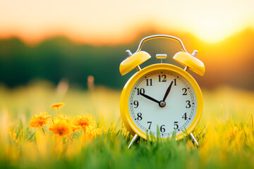 Alarm clock on the background of a summer landscape 