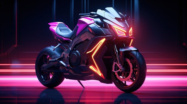 Motorcycle with illuminated neon lights on a dark background. AI generated image