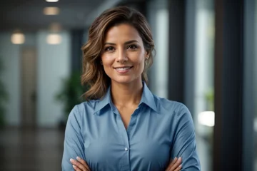 Fotobehang Happy young smiling confident professional business woman wearing blue shirt, pretty stylish female executive looking at camera, standing arms crossed isolated at gray background, Generative AI © 2D_Jungle
