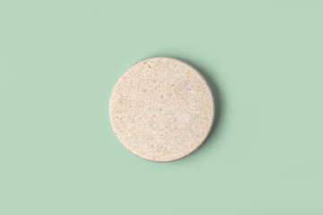 Round Podium on Green Background. Natural Marble Pedestal. Eco Beauty Product Mockup promotion. Scene to Show. Stone Showcase, Display Case. Top View Soft Shadow Flat Lay. Trendy Nude Color Space. Spa - obrazy, fototapety, plakaty
