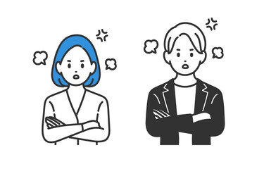 怒るポーズをするビジネスパーソン男女のセット【人物ベクターイラスト素材】