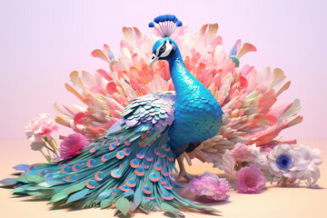 A pastel-colored geometric-style Peacock artwork with intricate geometric shapes and soft pastel hues, showcasing the beauty of nature in a modern design