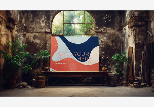 Large Window with Table, Potted Plants, and Whiteboard - Frame Poster Billboard Mockup