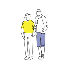 Continuous line art of elderly enjoying 
 mood. Fall fun. Winter mood. Old couple. Health and wellness. Positive psychology. Mental health awareness. Warm clothes. Autumn background line art