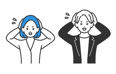 頭を抱えて困るポーズをするビジネスパーソン男女のセット【人物ベクターイラスト素材】
