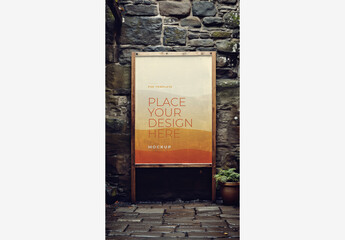 Frame Poster Billboard Mockup: White Board and Potted Plant Next To Stone Wall with Window, Brick Wall, and Planter