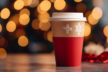 Xmas paper cup of coffee or tea with a plastic lid amid Christmas decorations against a blurred lights backdrop