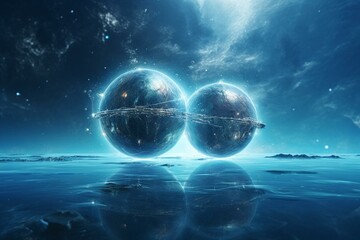 Sci-fi twin earth with blue planet, deep space. Water, air, life emergence. 3D illustration. Generative AI