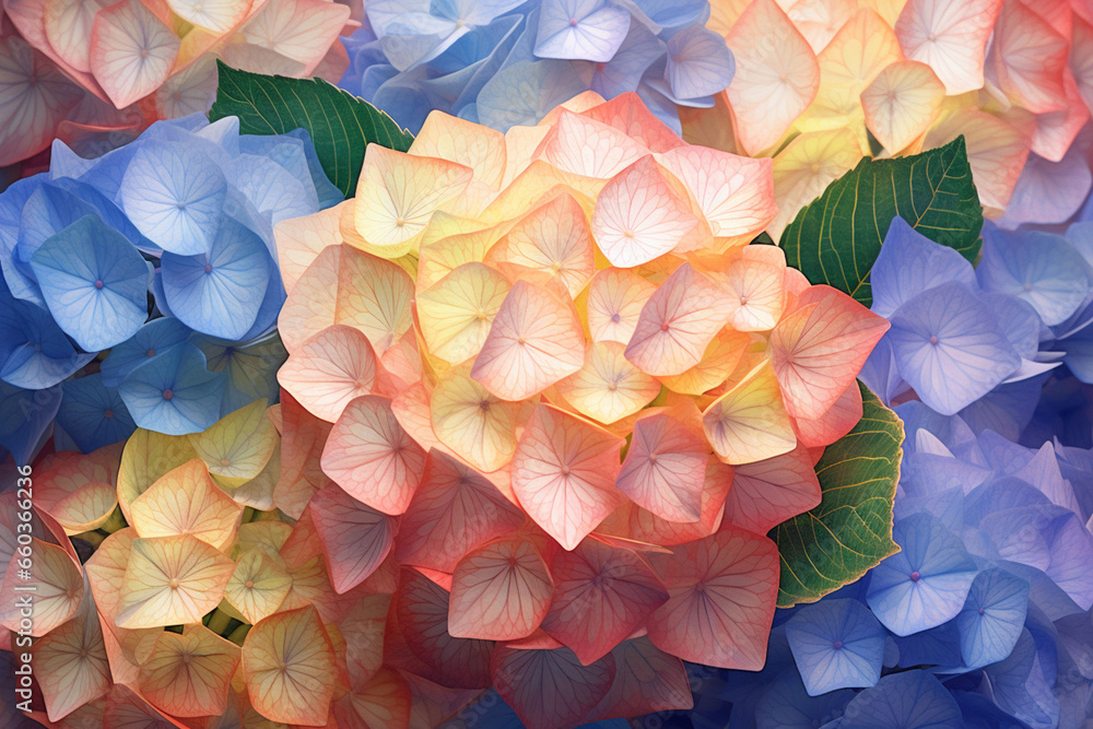 Poster a pastel-colored geometric-style hydrangeas artwork with intricate geometric shapes and soft pastel 