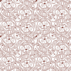 Seamless pattern with cute cats on an isolated background. Drawing in the form of a sketch with a charcoal pencil. Illustration for fabrics, clothes, wallpapers, wrapping paper, stationery.