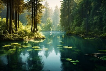 A lake in a forest, representing fresh ideas and creativity for solving environmental issues. Generative AI - obrazy, fototapety, plakaty