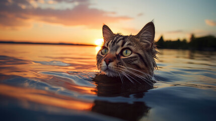 cat swimming in the river - obrazy, fototapety, plakaty