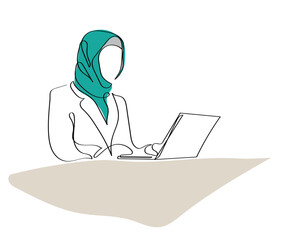 Line art vector of Hijab day that is celebrated every year on 1st of February. Hijab is a Muslim woman's identity and it deserves respect and acceptance. Poster or postcard. Hijabi working woman