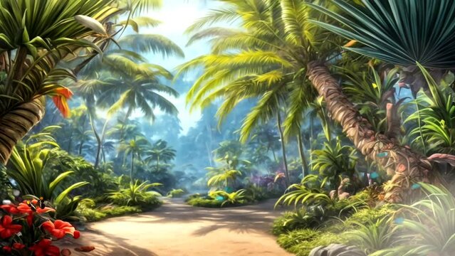 Fantasy Paradise Illustration. Beautiful natural panorama of a fantasy tropical forest. Watercolor anime style. seamless looping video animation virtual background