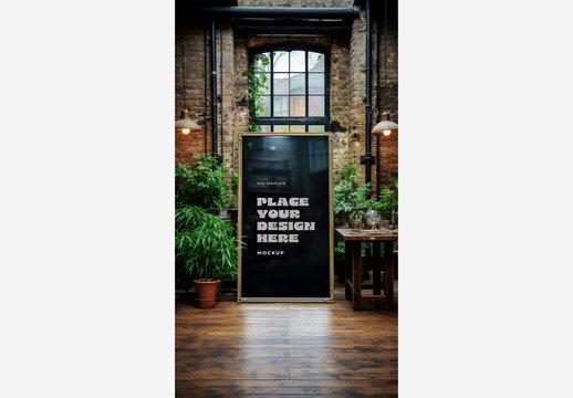 Modern Black Picture Frame Mockup with Plants, Table, and Window in Stylish Room - Perfect for Poster Or Billboard Design Frame Poster Billboard Mo