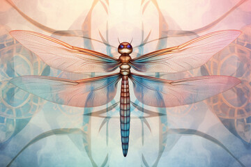 A pastel-colored geometric-style Dragonflies artwork with intricate geometric shapes and soft pastel hues, showcasing the beauty of nature in a modern design. 