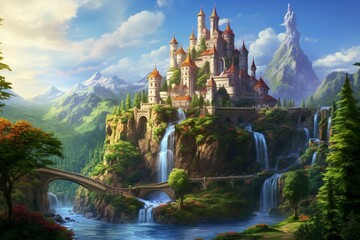 A captivating castle on a waterfall surrounded by vibrant greenery and majestic mountains. A scenic fairytale setting. Generative AI