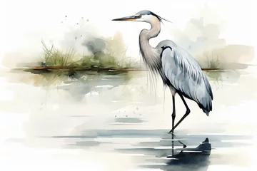 Foto op Plexiglas Simplified watercolor of a heron in water on a white background. Generative AI © Vesper