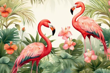 Retro paradise: foliage, flamingos, birds. Generative AI