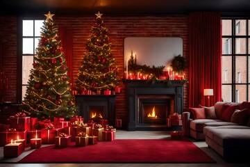 christmas tree with fireplace and decorations