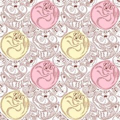 Seamless pattern with cute cats. Drawings in the form of a sketch in charcoal with multi-colored spots. Illustration for fabric, clothing, wallpaper, wrapping paper, stationery.