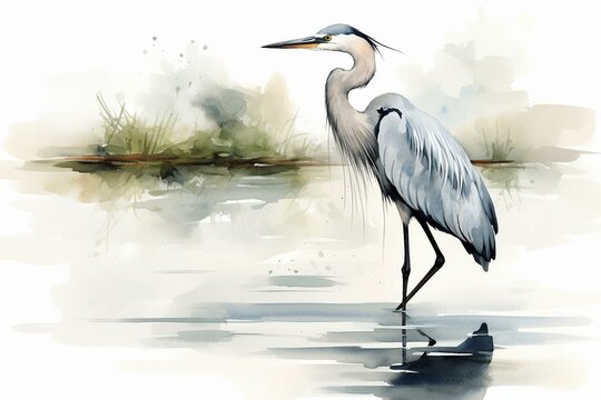 Simplified watercolor of a heron in water on a white background. Generative AI