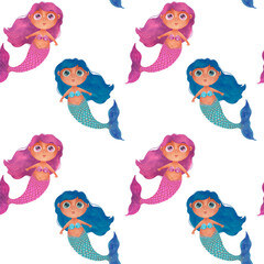 Watercolor seamless pattern with cute cartoon mermaids on a white background. Illustration for fabrics, clothes, wallpapers, wrapping paper, stationery.