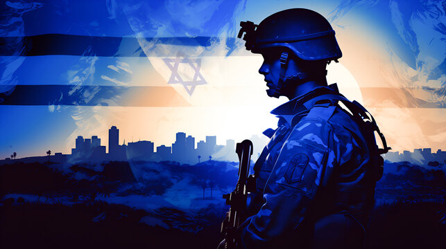 Silhouette of a modern armed soldier against the background of an evening city against the backdrop of a desert sunrise and the flag of Israel.  Arab-Israeli conflict.