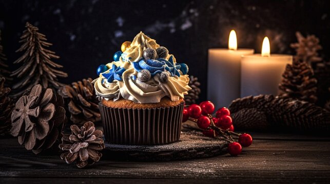 Christmas cupcake with decoration on dark background. Toned image. Generative AI.