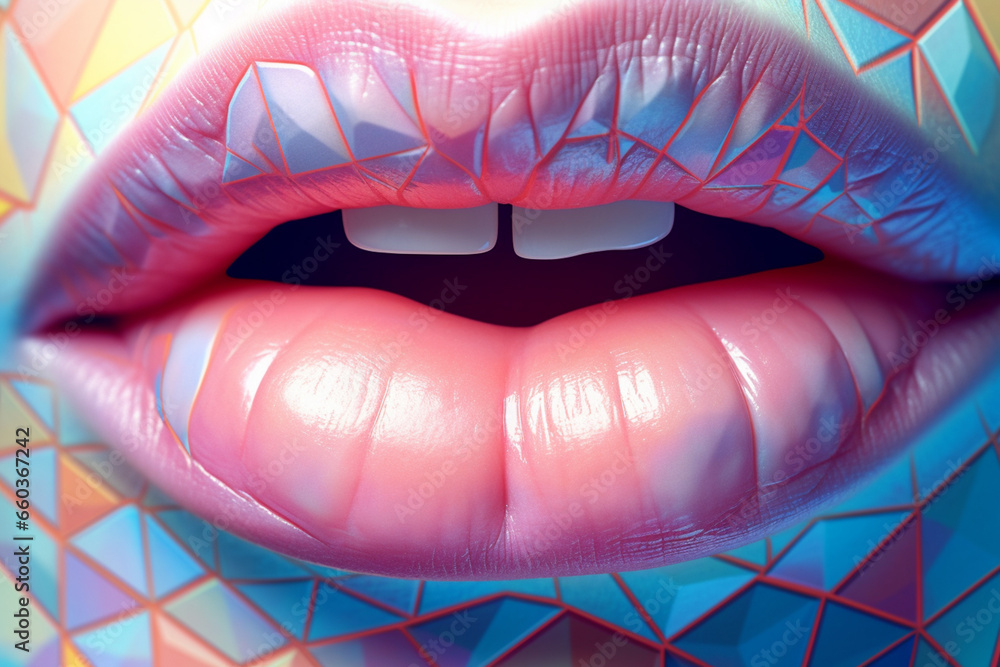 Poster a pastel-colored geometric-style lips print with geometric patterns and soft pastel tones, capturing