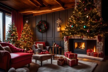 Fototapeta na wymiar christmas room with fireplace in the room