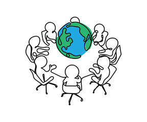 save the earth. Line art vector of corporate people discussing climate change and needed measurements to stop this.