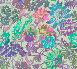 Fototapeta na wymiar Seamless floral pattern with wild flowers hand drawn with oil pastels. Seamless background with multi-colored flowers.