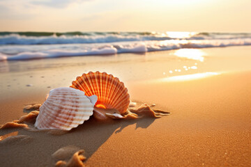 conch shells in beach shore in summer