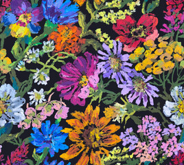 Seamless floral pattern with wild flowers hand drawn with oil pastels. Seamless background with multi-colored flowers. - 660368039