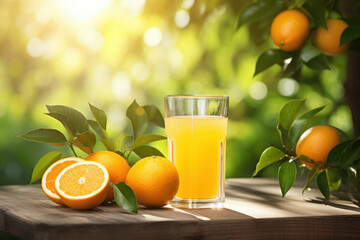 glass of orange juice on table with oranges outdoors